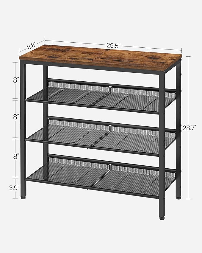 VASAGLE Shoe Rack for Entryway, 4-Tier Shoe Rack Organizer with Storage Shelves and Spacious Top, Freestanding, Adjustable, Industrial, Rustic Brown and Ink Black ULBS040B01