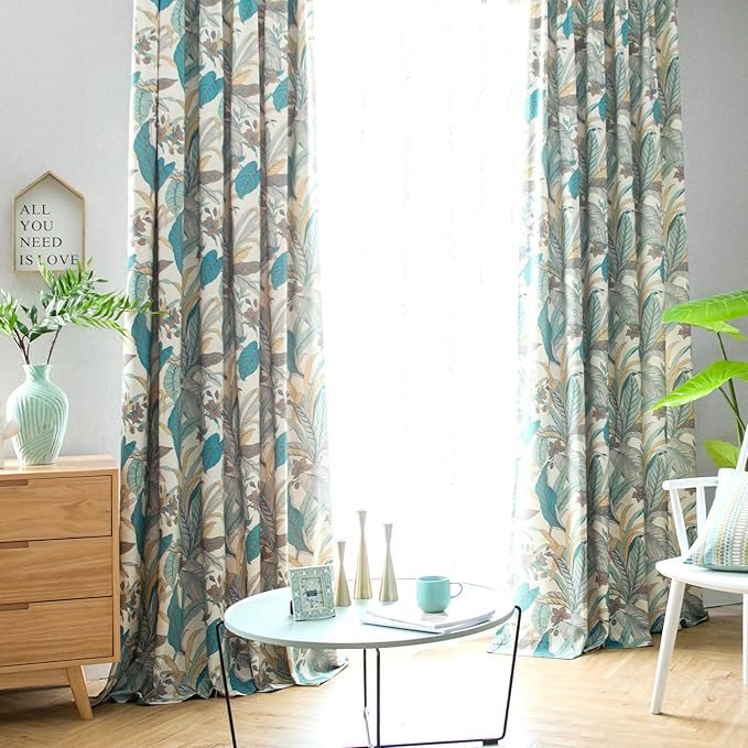 Leeva Printed Window Curtain Set of 2, Lake Blue Leaves Pattern Window Treatment for Living Room, Grommet Room Darkening Curtains 63 Inches Long, 52 x 63