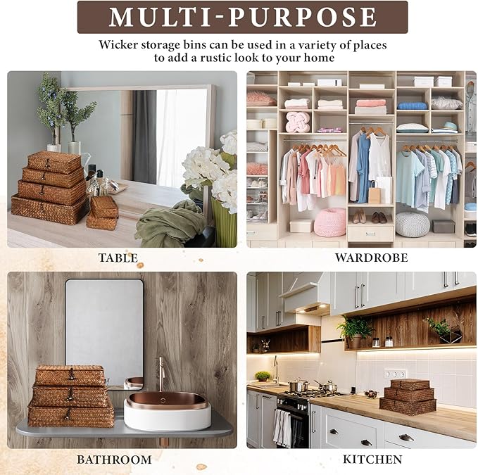 6 Pcs Seagrass Storage Baskets with Lid Large Wicker Decorative Storage Baskets Stackable Boxes Woven Rectangular Rattan Storage Bins Shelf Baskets Organizer for Closet Bedroom, Coffee