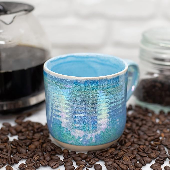 Elanze Designs Glossy Reactive Glaze Large 17 Fluid Ounce Everyday Kitchen Food Grade Ceramic Stoneware Coffee Mug Cup with Comfort Curved Handles, Set of 4, Blue