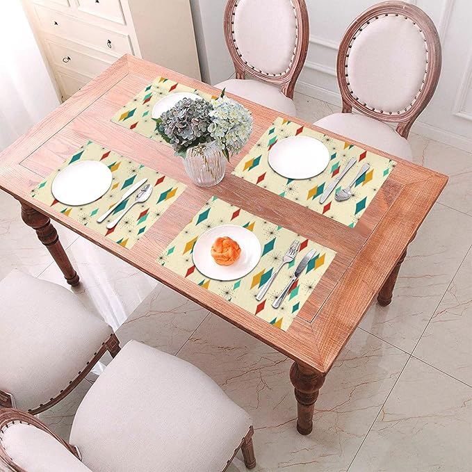 Mid Century Modern Placemats Set of 4 Retro Decor Table Mats for Kitchen Dining Table Holiday Party Heat Resistant Washable Farmhouse Yellow Place Mats, Linen 12x18 Inch