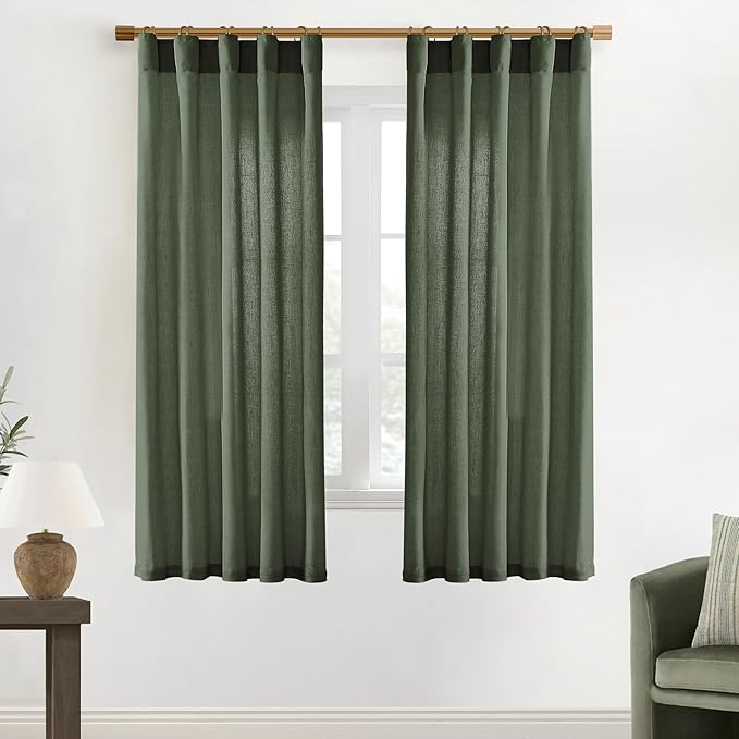 XTMYI 68 Inch Curtains 2 Panel Set,Linen Boho Semi Sheer Curtains for Bedroom Living Room,40x68 in Long,Olive Green