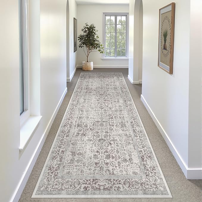 Taupe Runner Rug 2x8 Hallway Machine Washable Kitchen Vintage Distressed Non Slip Long Carpet Indoor Retro Floral Bedroom Accent Throw Rug for Bathroom Office Laundry Dining Living Room