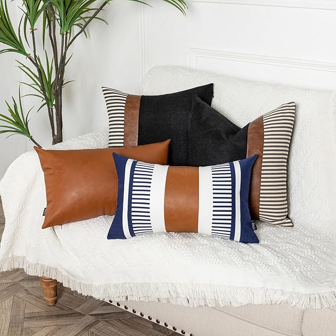 Set of 2 Navy Blue and White Stripe Throw Lumbar Pillow Covers 12x20 inch,Faux Leather Modern Accent Boho Cushion Cover for Couch Living Room Bedroom