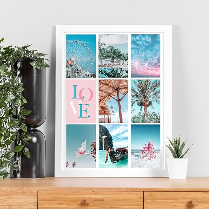 Blue Aesthetic Wall Collage Kit, 100 Set 4x6 inch, Pink VSCO Room Decor for Teen Girls, Summer Beach Wall Art Print, Dorm Photo Collection, Small Posters for Room Aesthetic…