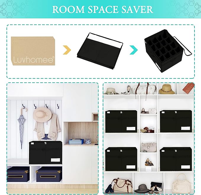 Shoe Storage Organizer, Fits 16 Pairs, Large Shoe Organizer Box for Closet, Clear Foldable Shoes Containers w/Bottom Support, Space Saving Shoe Cubby Storage Boxes w/Reinforced Handles, Black