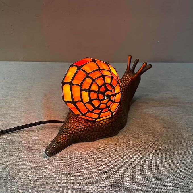 Bieye L10963 Land Snail Tiffany Style Stained Glass Accent Table Lamp for Home Decor (Orange, 10" D x 5" W x 5" H)