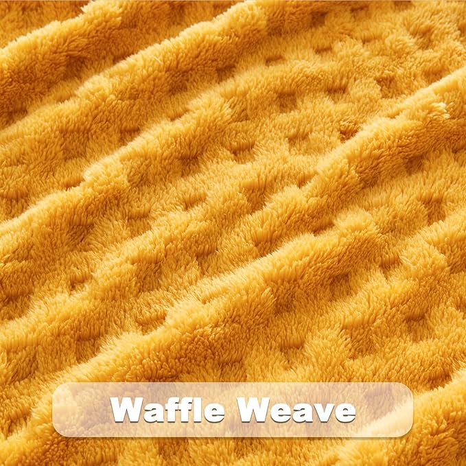 NEWCOSPLAY Super Soft King Blanket Yellow Premium Silky Flannel Fleece 3D Waffle Checkered Lightweight Bed Blanket All Season Use (Mustard Yellow, King(90"x110"))