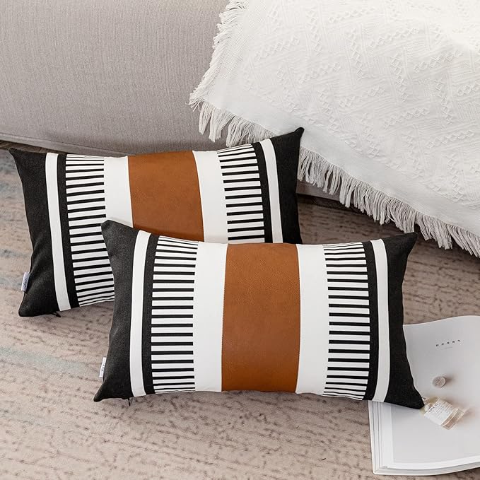 Boho Striped Lumbar Pillow Covers 12x20 inch, Modern Leather Couch Pillowcase,Farmhouse Home Decor, Black (Pack of 2, Cover ONLY)