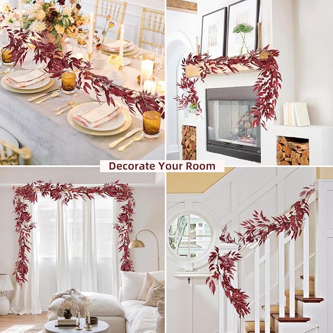 Fake Hanging Willow Leaves Vines 4Pcs 5.7Ft Artificial Willows Vine Twigs Silk Leaf Ivy Faux Greenery Fall Garland Indoor Outdoor Valentines Day Wedding Birthday Thanksgiving Party Decor(Burgundy)