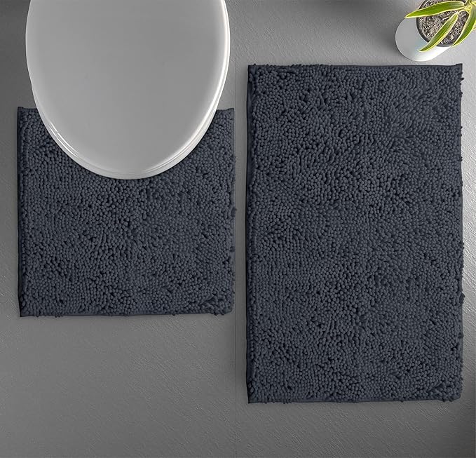 LuxUrux Bathroom Rugs Sets 2 Piece: Quick Dry, Soft Plush Anti-Slip, Super Absorbent. Includes Rectangular (31x20 inches) & U-Shaped Toilet Mat (20x20 inches) | Charcoal