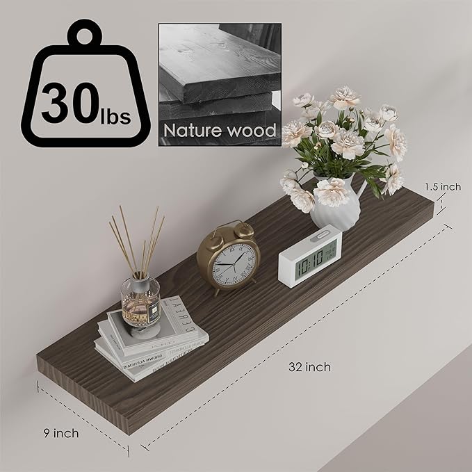 Floating Shelves for Wall - 32 x 9 Inch Natural Wood Shelves for Bathroom, Bedroom, Kitchen Decor, Farmhouse Decor Set of 2, Rustic Brown