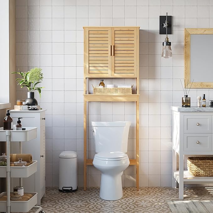 SONGMICS Over The Toilet Storage Cabinet, Bathroom Cabinet with Adjustable Inside Shelf and Bottom Stabilizer Bar, Space-Saving Toilet Rack, Natural Beige UBTS010N01