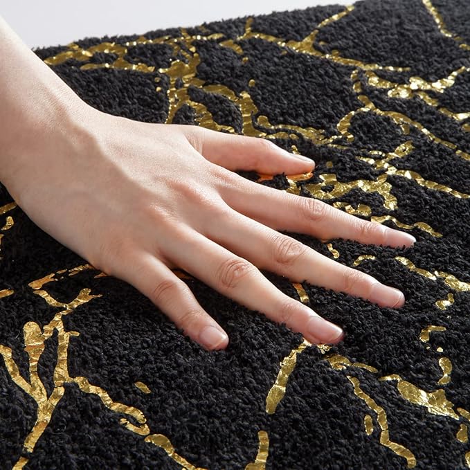 QJHOMO Marble Bathroom Runner Rug Gold Decor Long Bathroom Rugs Black Bath Mat Non Slip Super Absorbent Bathmat Machine Washable Floor Carpet for Tub, Shower, Bedroom (24x48 inch)