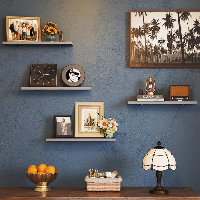 Fixwal Grey Floating Shelves for Wall, 4 Sets Wood Shelves Farmhouse Wall Shelf Wall Mounted Floating Shelves for Bedroom Decor, Bathroom Storage, Book Shelf for Wall - Grey