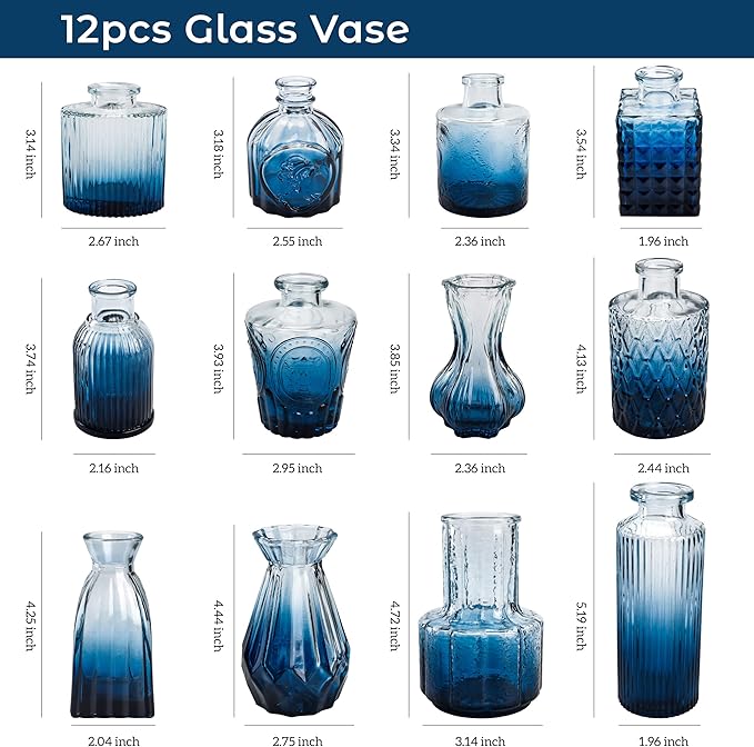 Der Rose Bud Vases in Bulk Glass Vase for Centerpieces Set of 12 Small Flower Vases Mini Vintage Vases for Rustic Wedding, Home Table Decorations (Blue)