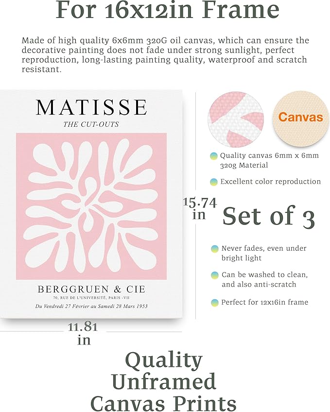 HesenDot Matisse Art wall Décor Set of 3,Unframed Blush & Salmon Pink wall art,Truly Quality Canvas Prints for 12x16in,Art poster decoration for kitchen, bathroom,living room,bedroom
