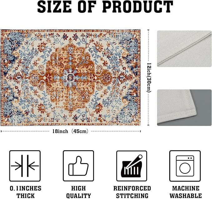 Ethnic Boho Placemats Set of 6 Bohemian Carpet Vintage Orange Grey Floral Linen Washable Kitchen Dining Table Mats Stain Heat-Resistant Desktop Decor Place Mats for Home Party Indoor 12x18 in
