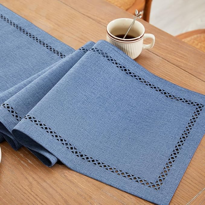 Burlap Style Farmhouse Table Runner, 13 x 36 Inch Blue, Rustic Geometric Hollow Table Runners 36 Inches Long for Dresser Table Everyday Use, 13x36 Inches, Blue