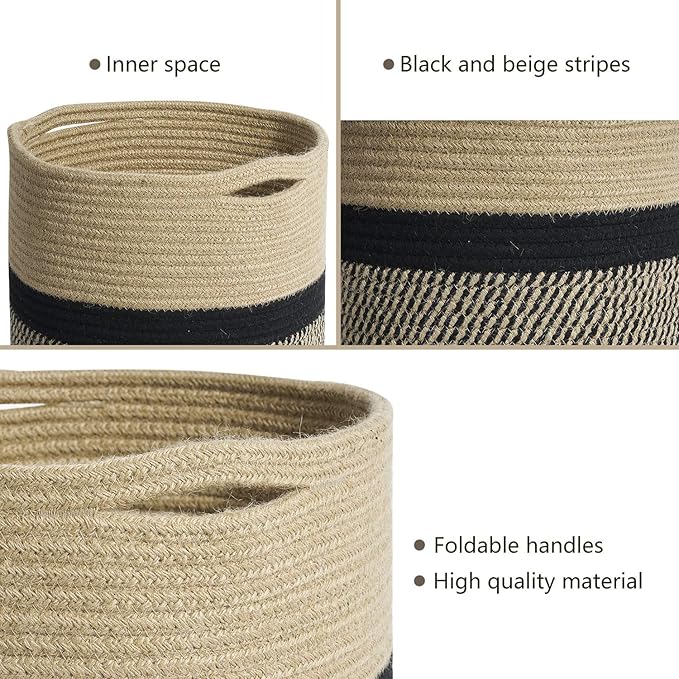 TIMEYARD Sturdy Jute Rope Plant Basket Modern Woven Basket for 11" Flower Pot Floor Indoor Planters, 12.5'' x 12.5'' Storage Organizer Baskets Rustic Home Decor, Black and Beige Stripes