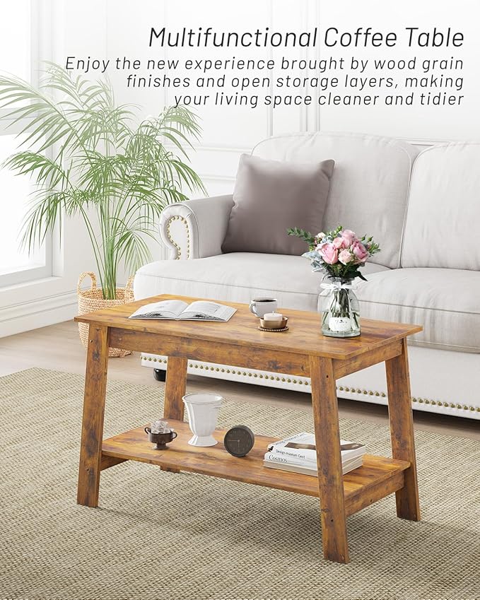 2-Tie Coffee Table, Rustic Wood Living Room Tables with Open Rectangular Storage Compartment, Coffee Tables for Living Room, Outdoors, Home Office, Bedroom, Retro Brown