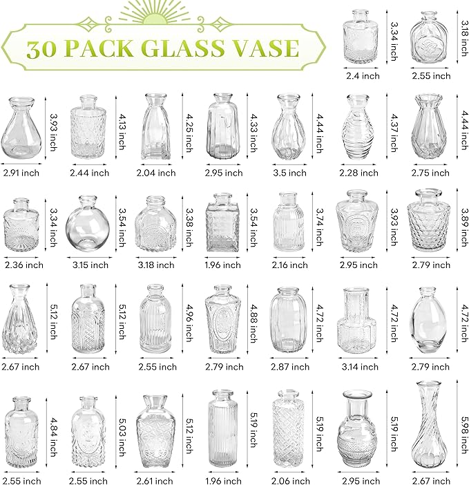 Der Rose Bud Vases in Bulk Glass Vase for Centerpieces Set of 30 Small Flower Vases Mini Vintage Vases for Rustic Wedding, Home Table Decorations (Clear)