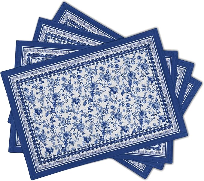 Blue Floral Branches Placemats Set of 4 ,12 x 18 Inch Chinoiserie Table Mats Washable Heat Resistant Linen Fabric Rectangle Place Mat for Indoor Outdoor Kitchen Dining Home Decor