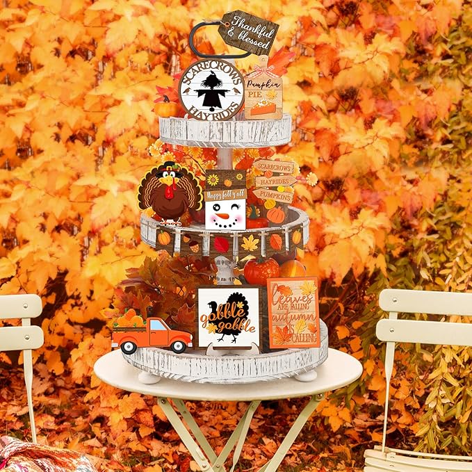 15 Pcs Fall Tiered Tray Decor Set Thanksgiving Fall Pumpkin Home Decorations Rustic Farmhouse Pumpkin Truck Wooden Sign Spice Blocks Autumn Wooden Sign for Festival Gift Tabletop