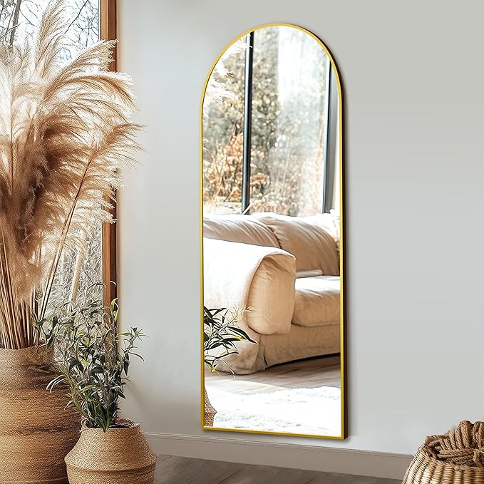 Delma Wall Mirror Full Length Mirror,Standing Mirror Full Body,Large Floor Mirror for Wall Door Bedroom Bathroom Living Room with Aluminium Frame(with Stand,Arch 56x20-Gold)