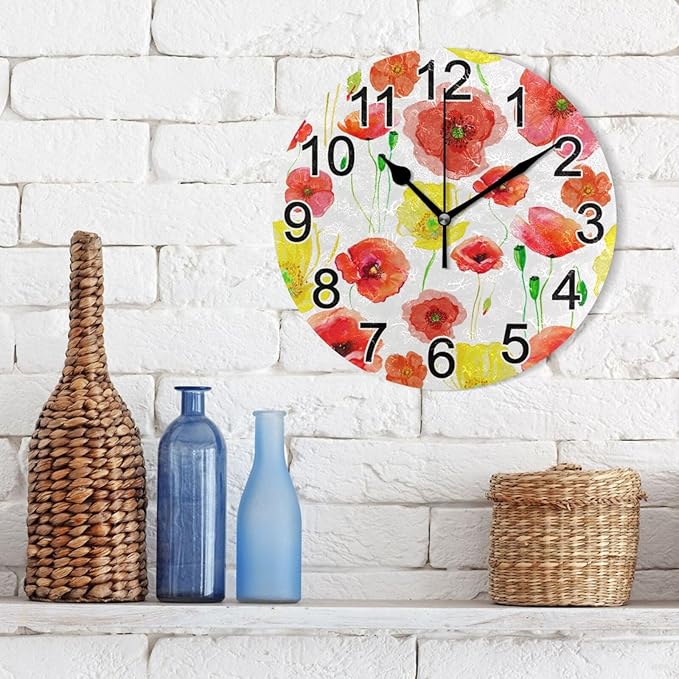 Yellow Red Poppy Flowers Wall Clock Non Ticking Silent Kitchen Clock Large Battery Operated Clocks 10 inch for Living Room Bedroom Decor