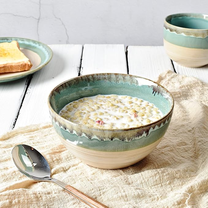 Bosmarlin Stoneware Dinnerware Set, Ceramic Bowls and Plates Set, Service for 4, 12 Piece, Microwave and Dishwasher Safe, Reactive Glaze (Turquoise green)