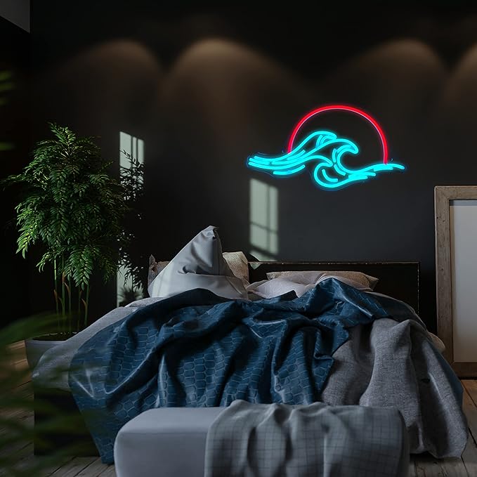 Sunset Wave Neon Light Wall Decor - Dimmable LED Bedroom Sign for Weddings, Man Cave, Living Room, Parties - USB Powered (8.8 * 16in)