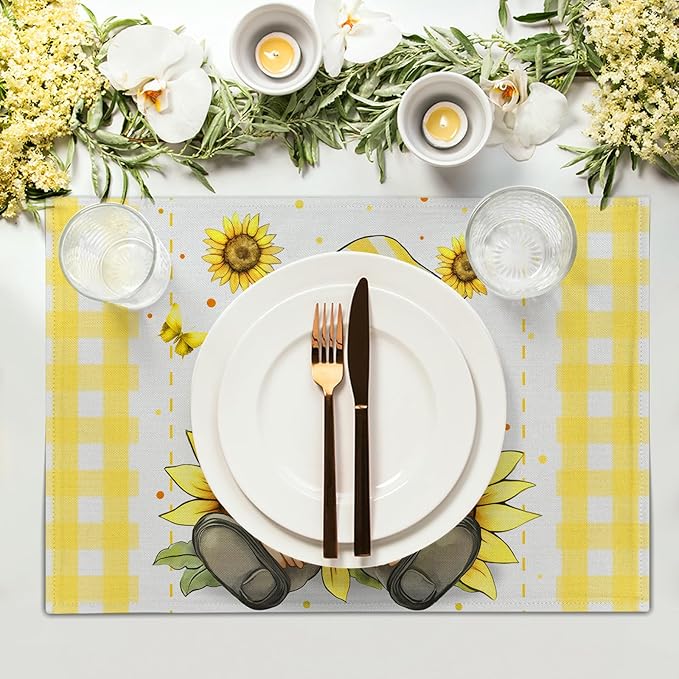 Summer Gnome Sunflowers Placemats Set of 4, Honey Butterfly Yellow White Buffalo Check Plaid Dining Table Place Mats 12 x 18 Inch Summer Seasonal Farmhouse Kitchen Home Decor
