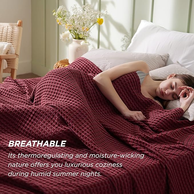 Bedsure Cooling Cotton Waffle Queen Size Blanket - Lightweight Breathable Blanket of Rayon Derived from Bamboo for Hot Sleepers, Luxury Throws for Bed, Couch and Sofa, Burgundy, 90x90 Inches