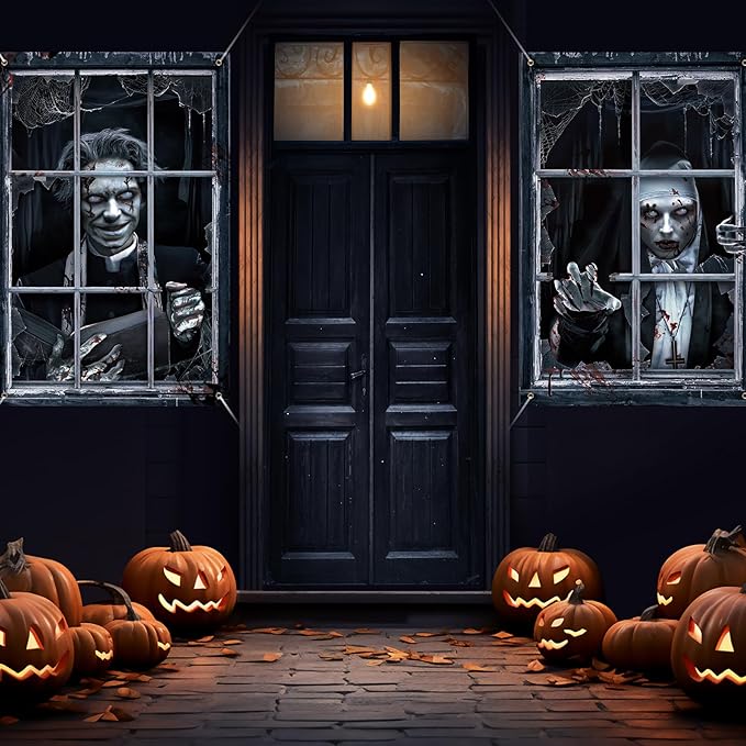 2 Pcs Halloween Scary Curtain Halloween Window Silhouette Decoration Blood Ghost Window Cover Horror Theme Poster for Indoor Outdoor Party Wall Garage Door Decor(Zombies and Ghost)
