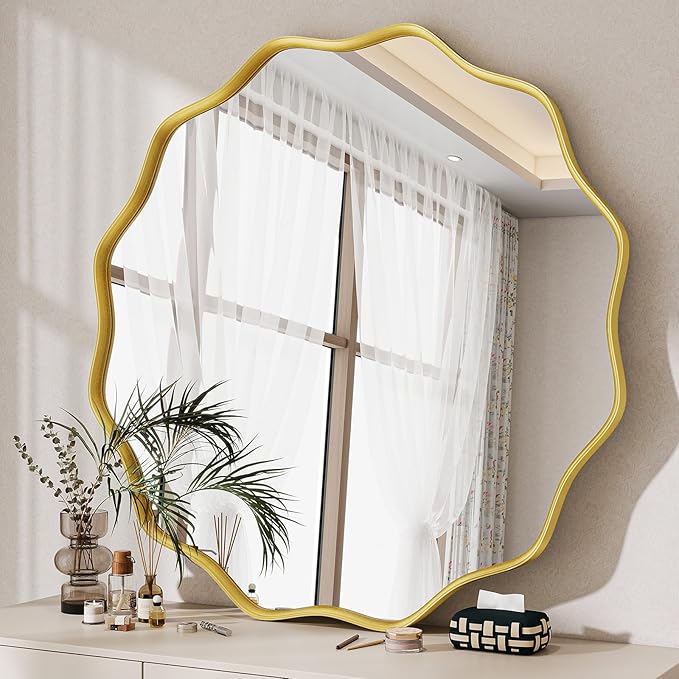 Round Wavy Mirror, 30 Inch Metal Frame Circle Mirror, Round Wall Mounted for Entryway, Bathroom, Vanity, Living Room, Gold