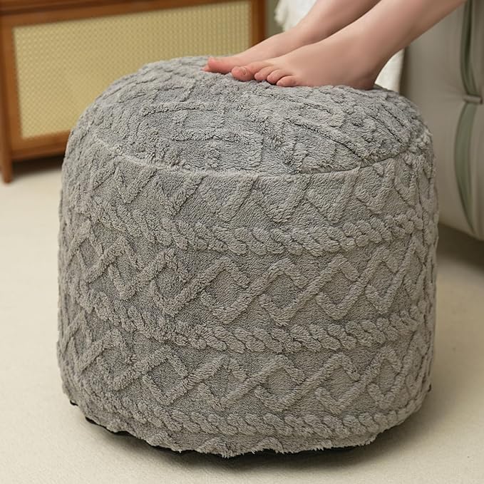 Round Stuffed Pouf Ottoman, Corduroy Poufs with Foam Chunk Filling, Furry and Fluffy Pouf Foot Stool Storage Grey 26"