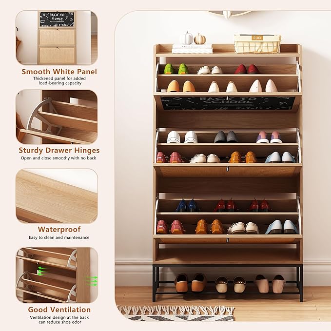 AVZEAR Shoes Cabinet, Narrow Shoes Storage Cabinet with 3 Flip Drawers, Free Standing Shoe Racks Organizer Farmhouse Tipping Bucket with Blackboard, Shoes Cabinet Storage Entryway Hallway, Natural