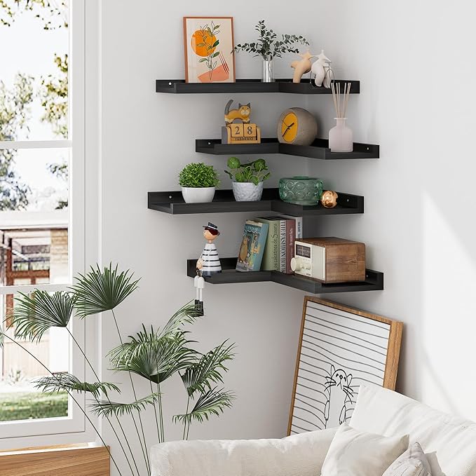 4 Tier Corner Wall Shelf, Floating Corner Shelves with Lip, Black Modern Corner Shelves Wall Mounted, Solid Pine Wood Wall Shelf L shaped shelf for Living Room, Bedroom, Bathroom, Home Storage