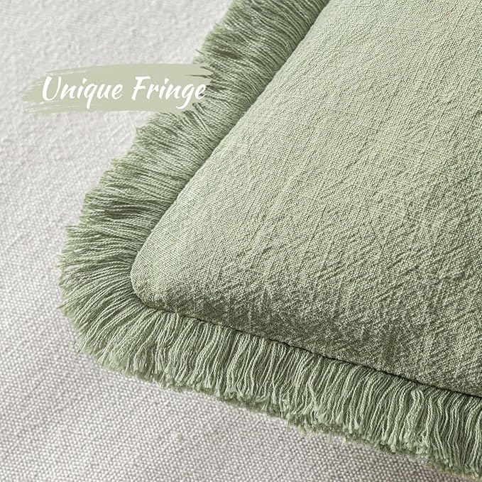 MIULEE Decorative Throw Pillow Covers Neutral Linen Fringe Throw Pillows Set of 2 Sage Green Boho Farmhouse Cushion Covers with Tassels for Couch Sofa Bed Living Room Spring Home Decor 20x20 Inch