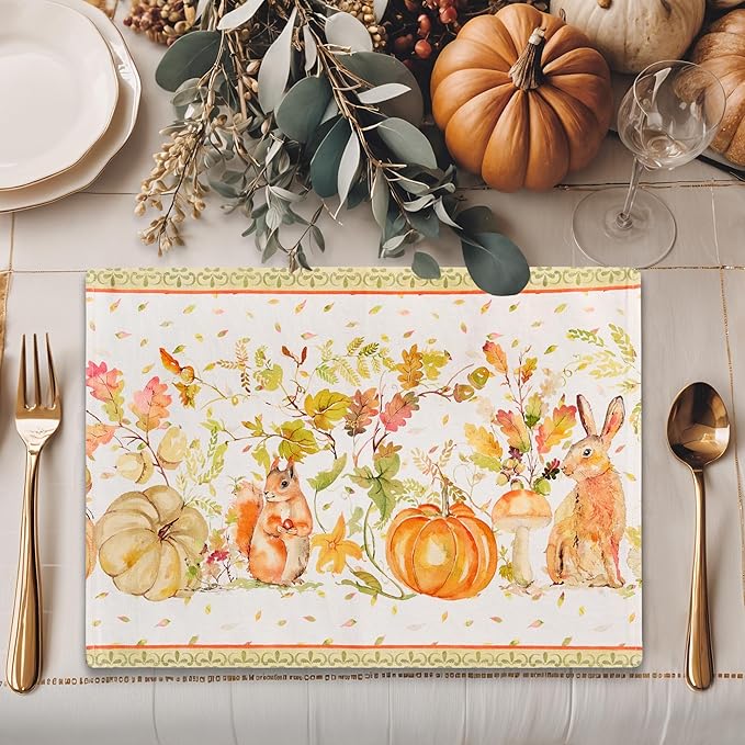 Maison d' Hermine Placemats Set of 4 100% Cotton Washable Cloth Place Mats, Reusable Table Mats for Kitchen Dining Decoration, Party, Wedding, Restaurant (Pumpkin Passion, 13" x 19")