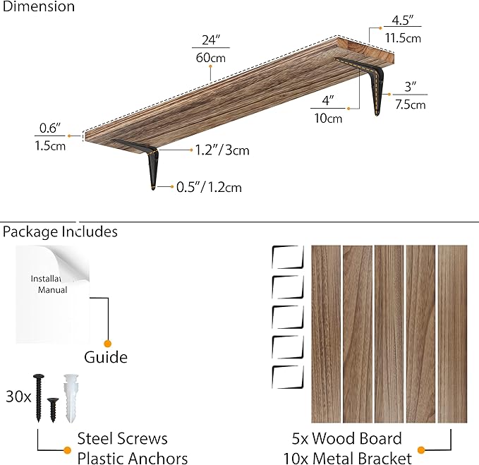 Wallniture Arras Wood Floating Shelves for Wall Storage, 24" Living Room Bookshelves, Kitchen Shelves for Bedroom & Office Burnt Finish Set of 5