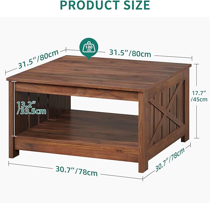 YITAHOME Farmhouse Coffee Table with Storage, Coffee Tables for Living Room Rustic Wood Cocktail Table, Square Coffee Table for Living Meeting Room with Half Open Storage Compartment, Walnut