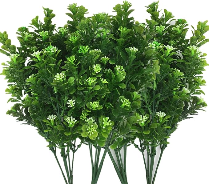 CATTREE Artificial Plants, Faux Plastic Bean Flowers Shrubs Fake Grass Leaves Simulation Greenery Bushes Indoor Outside Home Garden Office Yard Verandah Wedding Decor - 4 Pcs
