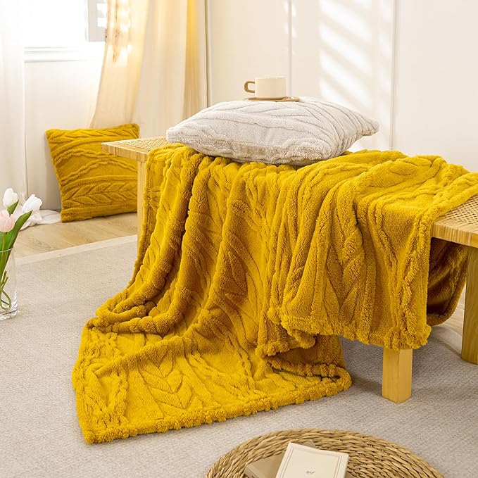 YUSOKI Sherpa Throw Blanket(Without Pillows)-3D Stylish Design Super Soft Cozy Blanket Thick Plush Fluffy Blankets for Teen Girls Women Couch Bed Sofa Chair Men Boys Gift(Mustard Yellow,50"x65")