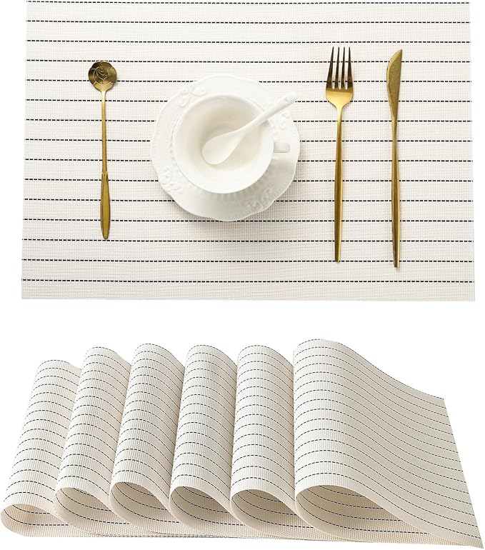 Leetaltree White with Black Stripes Placemats Set of 6 - Heat Resistant Non-Slip Place mats for Dining Table, Washable Durable PVC Vinyl Woven Table Mats(White Stripes, 6)