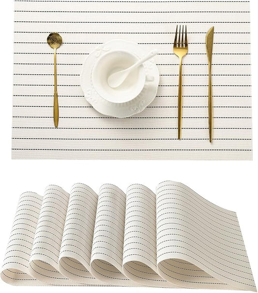 Leetaltree White with Black Stripes Placemats Set of 6 - Heat Resistant Non-Slip Place mats for Dining Table, Washable Durable PVC Vinyl Woven Table Mats(White Stripes, 6)