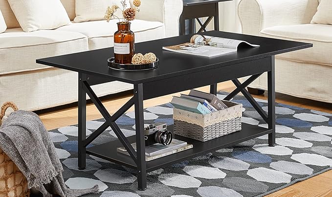 GreenForest Coffee Table with Storage, 43 inch Large Modern Coffee Tables for Living Room, X-Frame Design Farmhouse Coffee Table Space Saving Living Room Tables, Easy Assembly, Black