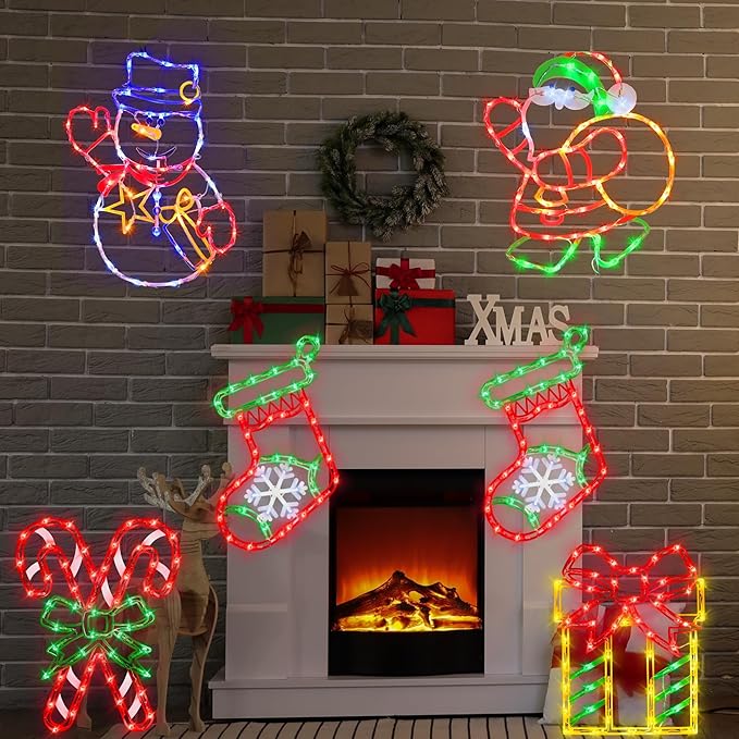 Christmas Decorations - 16" Christmas Window Silhouette Lights - 4 Pack Colour Lighted Christmas Stocking,Candy Cane,Gift Box,Santa for Holiday Indoor/Outdoor Wall Door Window Decorate