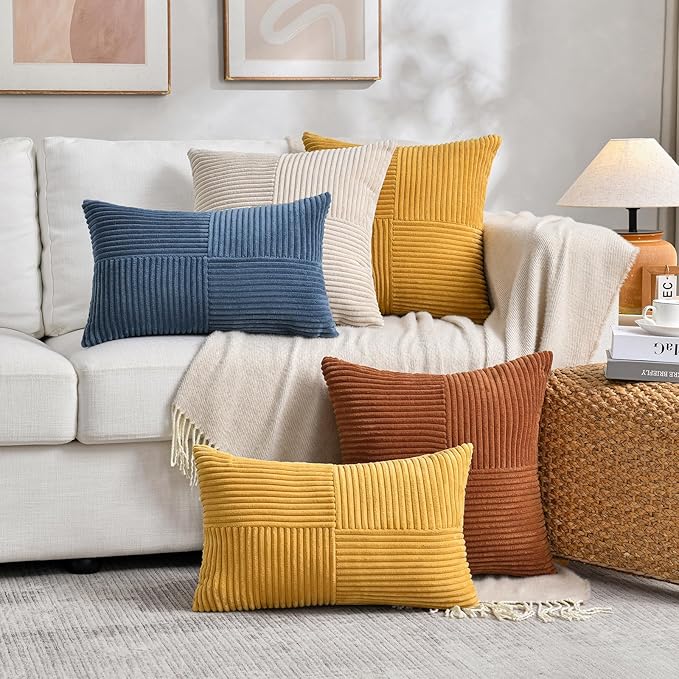 Fancy Homi 2 Packs Rust Decorative Throw Pillow Covers 16x16 Inch for Living Room Couch Bed, Rustic Farmhouse Boho Home Decor, Soft Corss Patchwork Corduroy Square Terracotta Cushion Case 40x40 cm